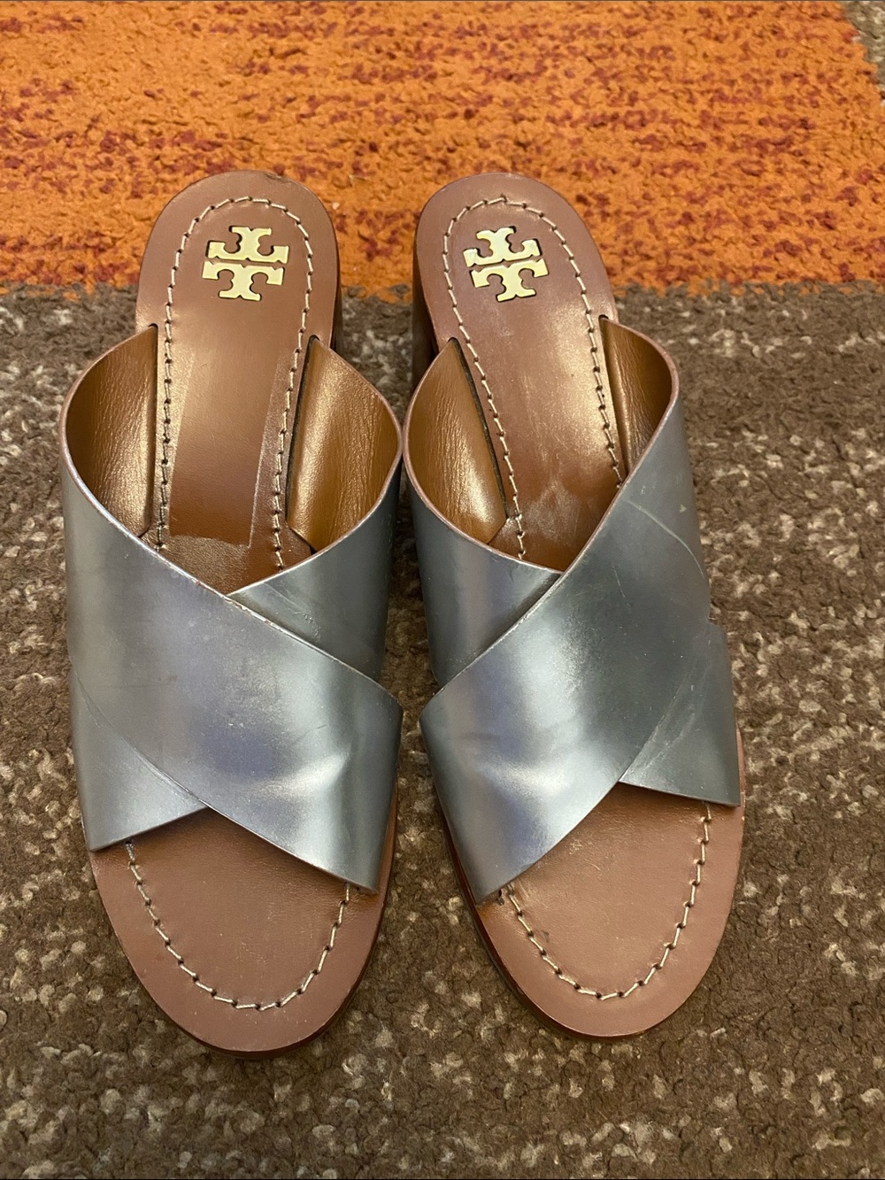 Tory Burch Metallic Silver Leather Crossband Slide Mules